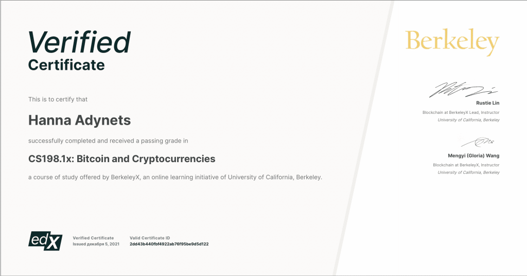 BerkeleyX Bitcoin and Cryptocurrencies certificate issued to Hanna Adynets
