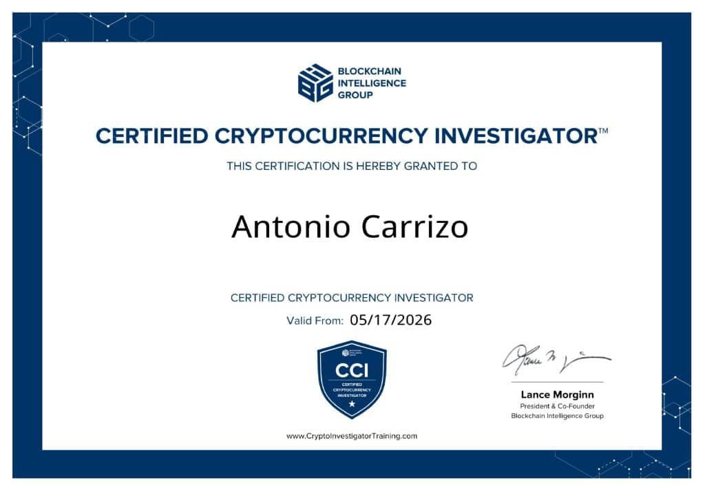 Certified Cryptocurrency Investigator certificate issued to Antonio Carrizo