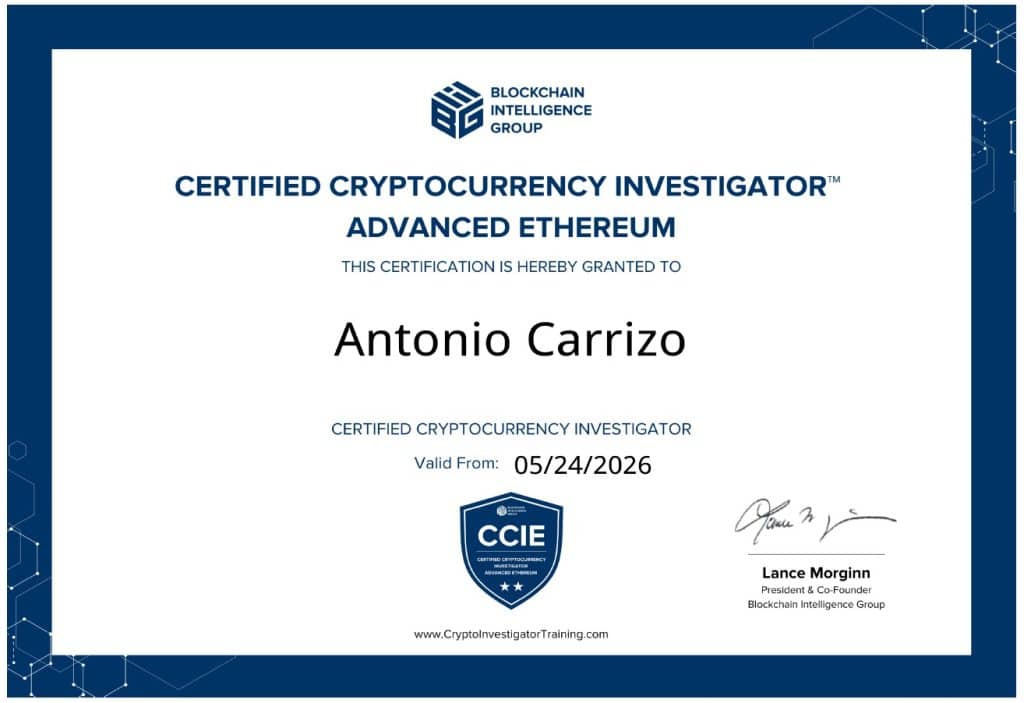 Certified Cryptocurrency Investigator Advanced Ethereum certificate issued to Antonio Carrizo