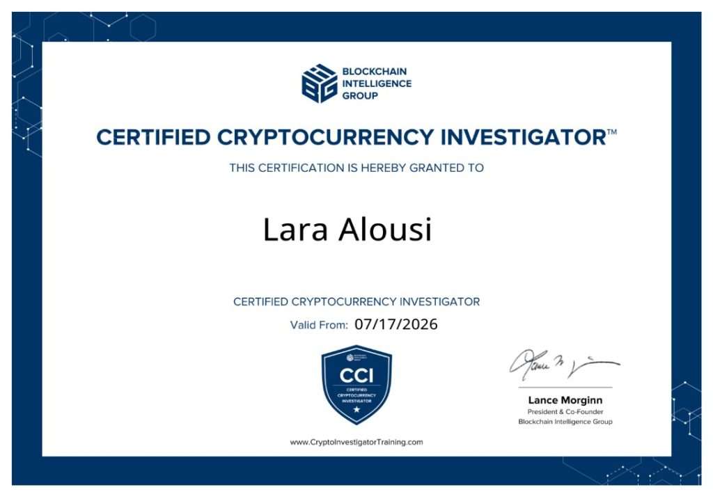 Certified Cryptocurrency Investigator certificate issued to Lara Alousi
